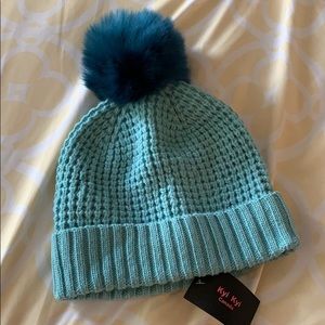 NWT KYI KYI Light Blue Beanie w/dark blue Pom Pom